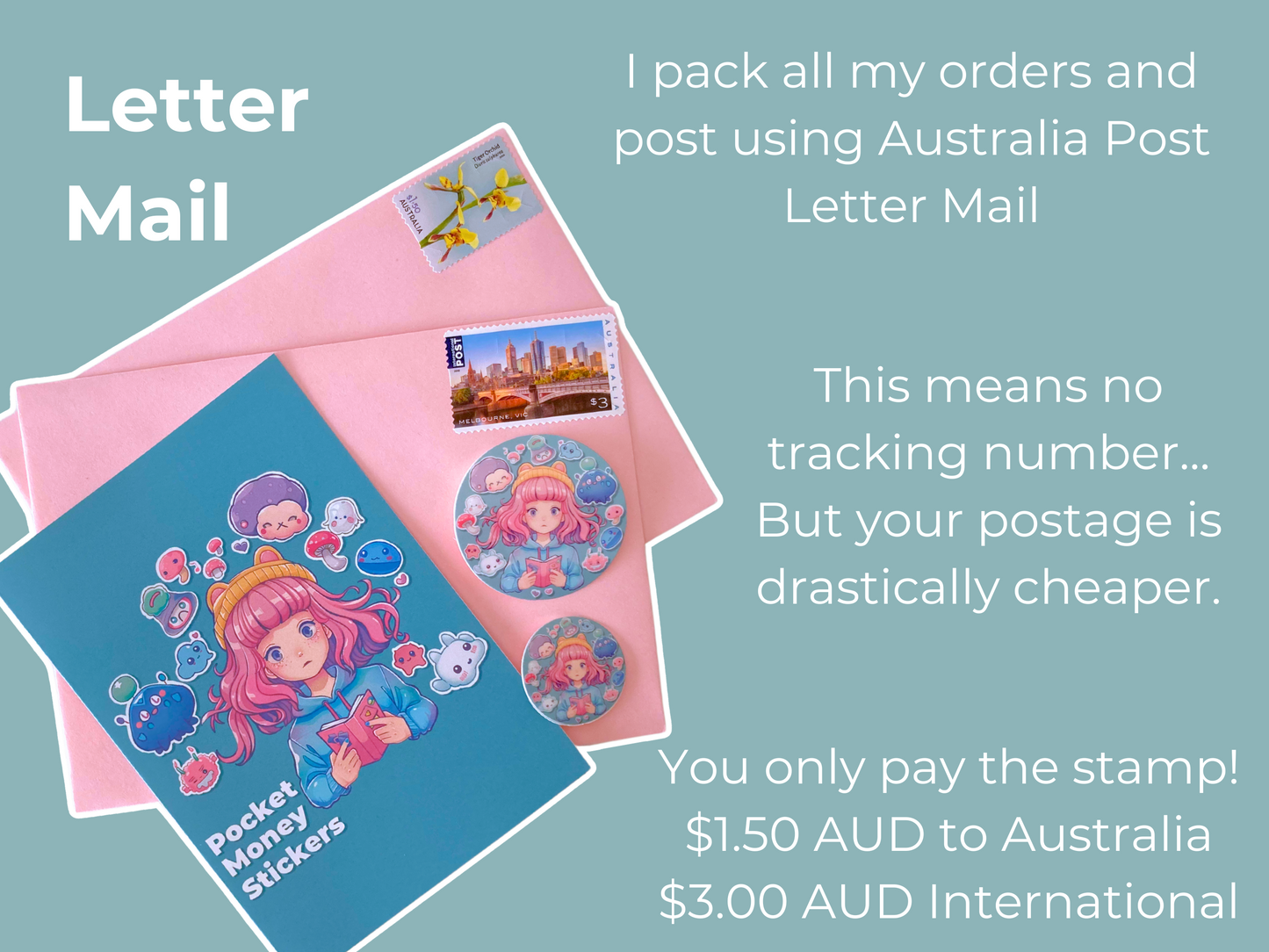 A set of pink envelopes with Australian stamps is displayed alongside Pocket Money Stickers-branded packaging, featuring a blue card with a girl surrounded by cute creatures. Two stickers with the same character design are included. Text explains that orders are shipped via Australia Post Letter Mail without tracking, making postage more affordable at $1.50 AUD within Australia and $3.00 AUD internationally. The image highlights the cost-effective shipping option for sticker orders.