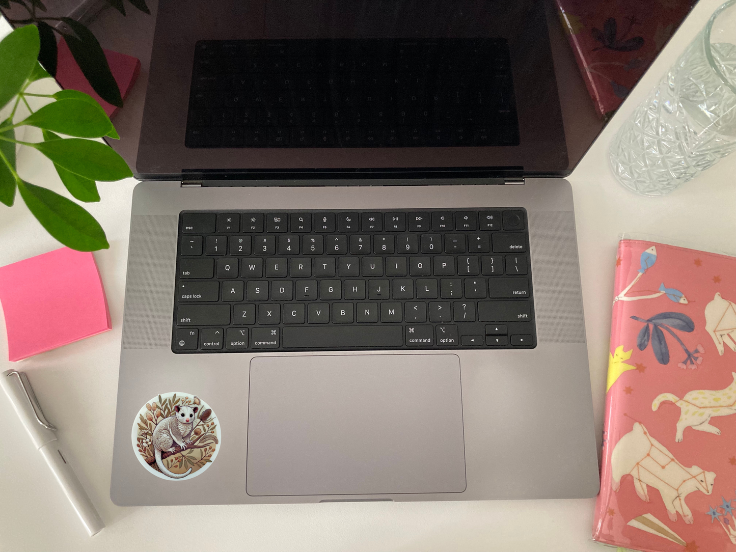 A silver laptop with a round Australian possum sticker on the bottom left corner sits on a white desk. The sticker features a fluffy possum perched on a branch, surrounded by native botanicals in warm earthy tones. Nearby are a pink notebook with animal illustrations, a white fountain pen, pink sticky notes, a glass of water, and green plant leaves. The waterproof, scratch-resistant sticker adds a cozy, nature-inspired touch to the workspace.