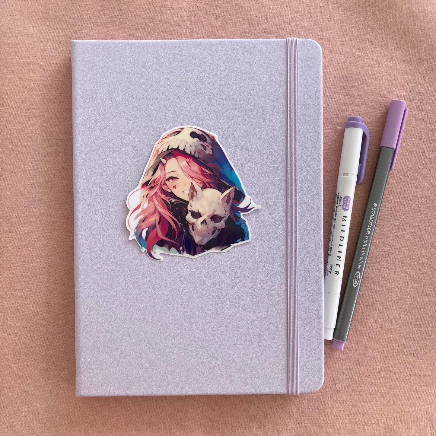 Skull Hood Anime Girl Sticker - Pink Hair Kawaii Gothic Art
