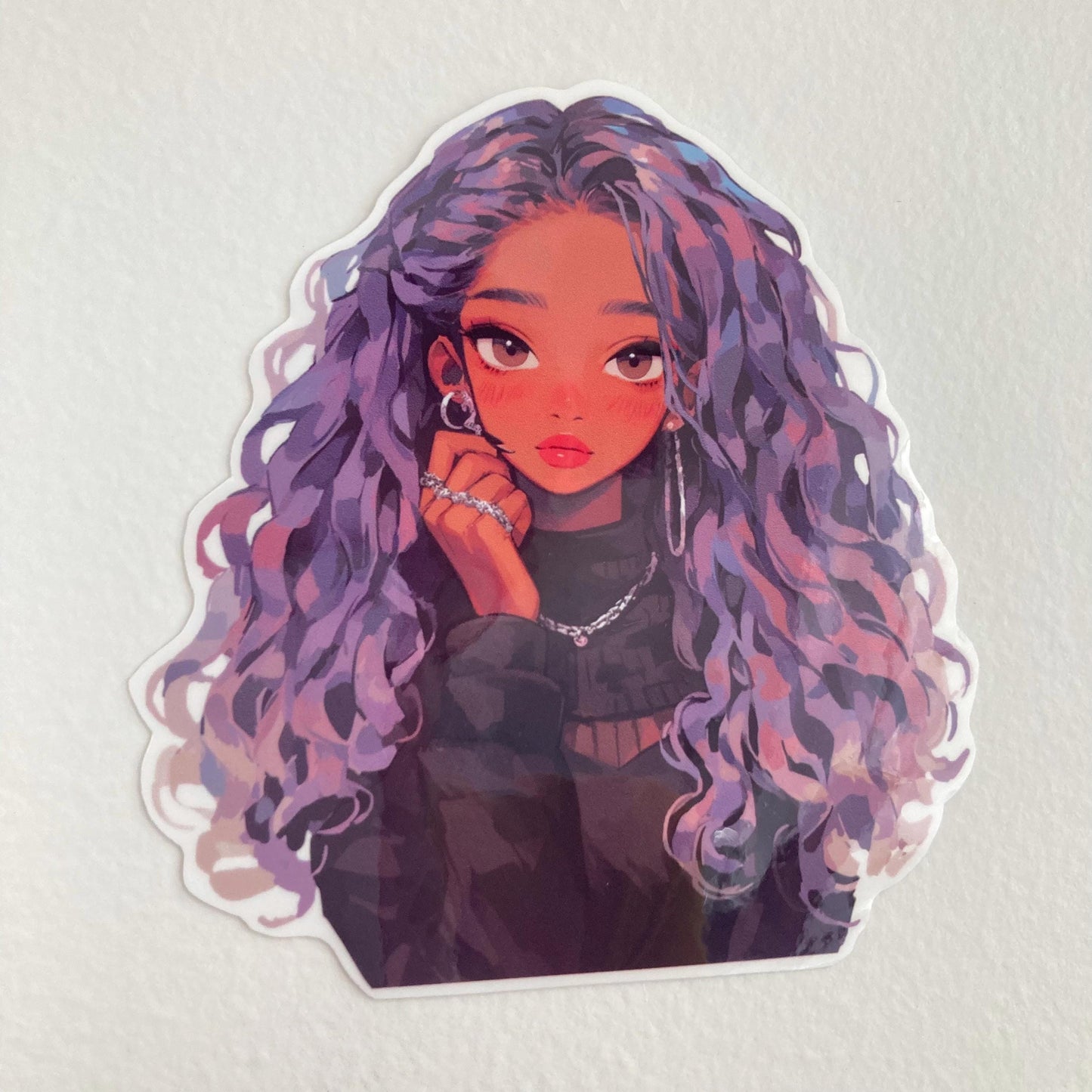 Kawaii Anime Girl Sticker - Purple Hair & Silver Jewelry Aesthetic