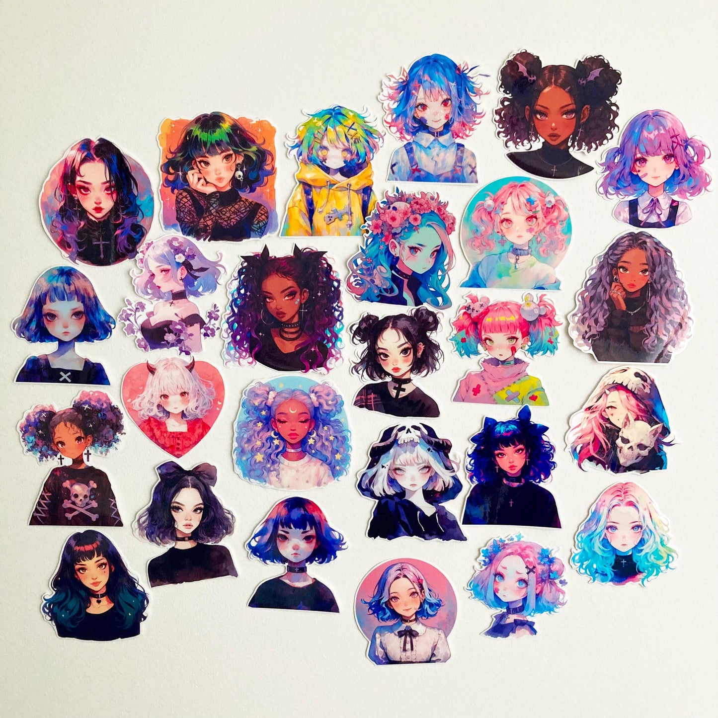 A collection of illustrated stickers featuring diverse girls with different hairstyles, vibrant hair colors, goth aesthetic and accessories like bows and flowers. Each character has a unique style and expression, arranged on a plain white surface.