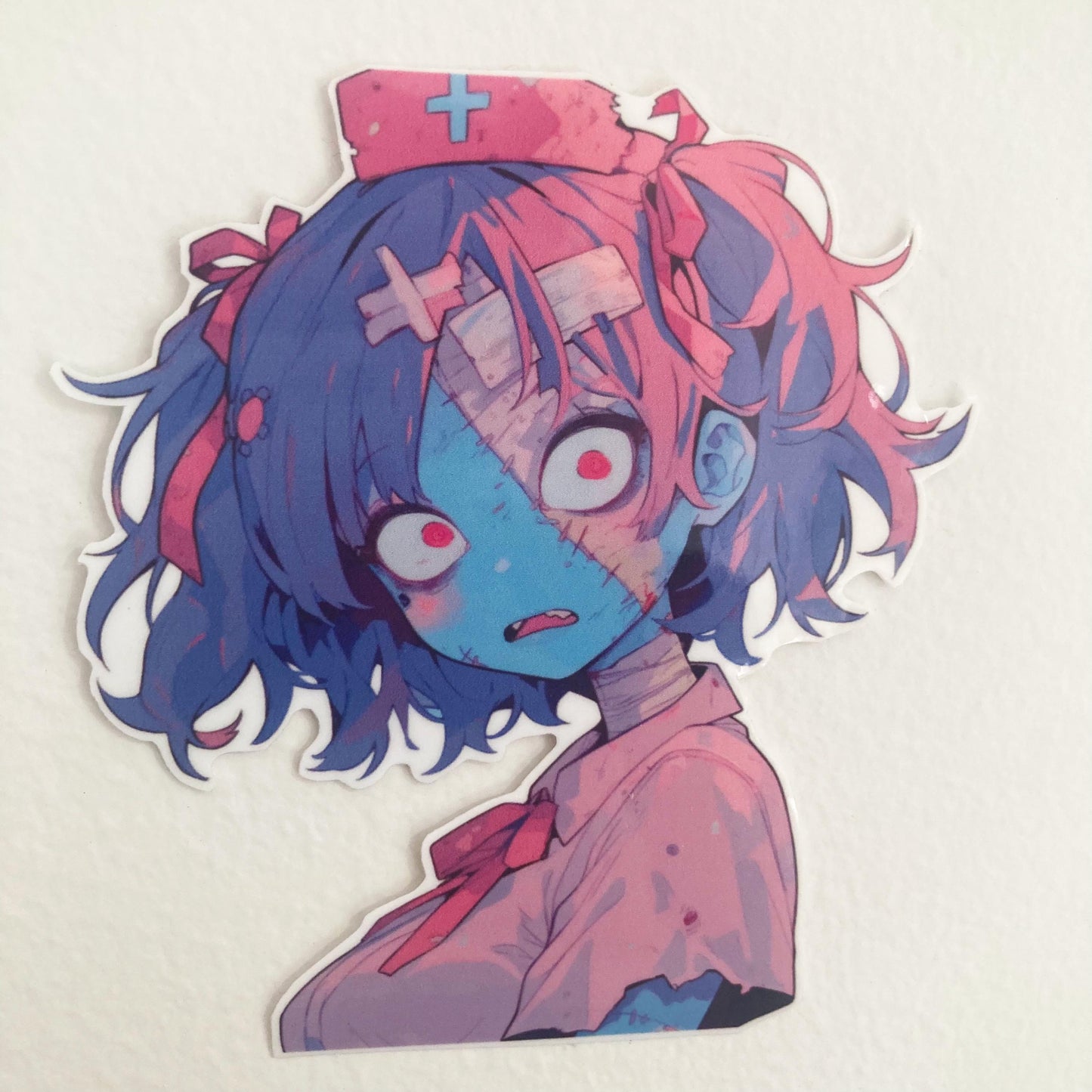 An anime style nurse character wearing a pink nurses uniform that is ripped and dirty and a nurse hat with a cross on it. She has a stitched face, bandages and a bandaid with glowing red eyes. She has ribbons in her hair and has a startled expression