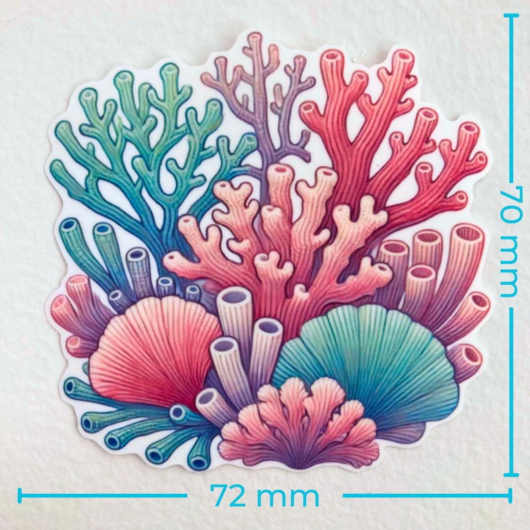 A colorful coral reef sticker featuring pink, blue, purple, and green corals is displayed against a white background. Blue text measurements show the width as 72 mm and the height as 70 mm, emphasizing the sticker's size.