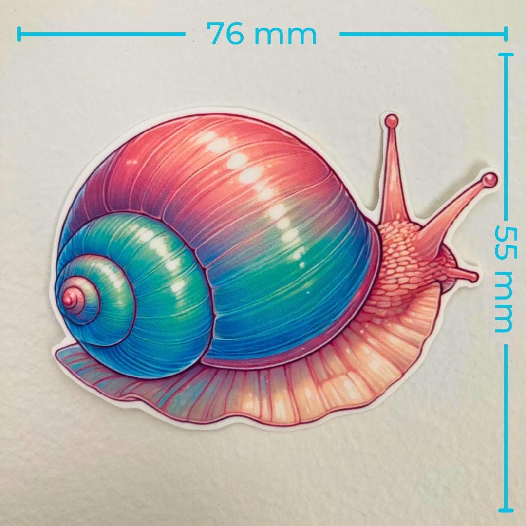 A colorful snail sticker with a pink, blue, and purple shell is displayed against a white background. Blue text measurements show the width as 76 mm and the height as 55 mm, emphasizing the sticker's size.