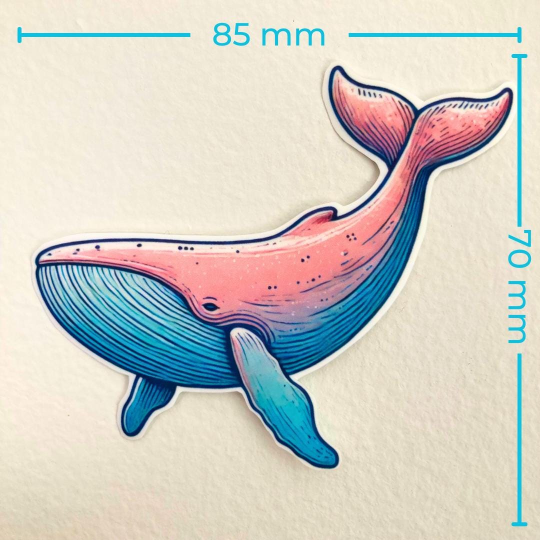 A colorful whale sticker in pink and blue hues is displayed against a white background. Blue text measurements show the width as 85 mm and the height as 70 mm, emphasizing the sticker's size.