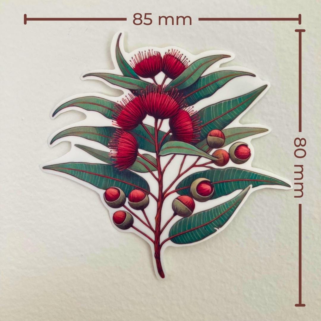 A sticker of a eucalyptus branch with red blossoms and round buds is shown against a white background. Brown measurement lines indicate the sticker’s dimensions: 85 mm wide and 80 mm tall. The design features green leaves and vibrant red flowers.