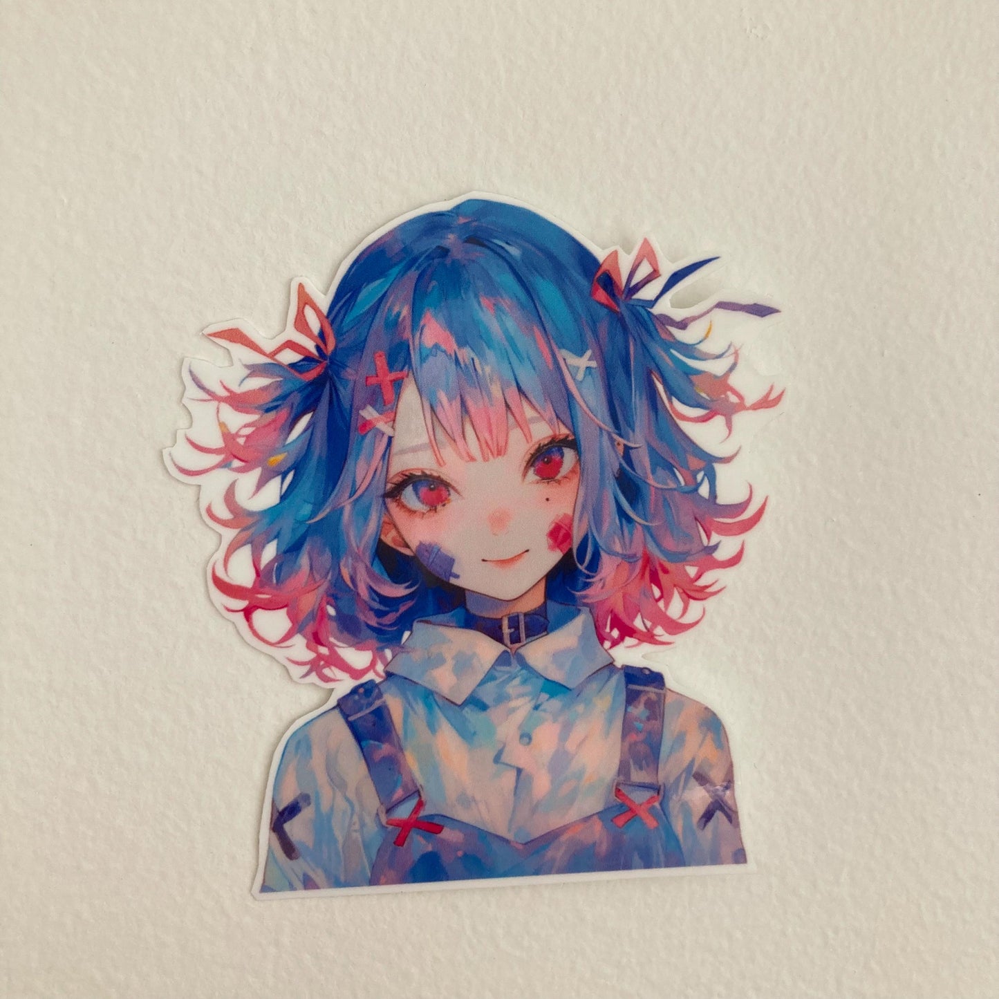 an anime girl with blue and red hair and face stickers as a sticker on a white wall in the background