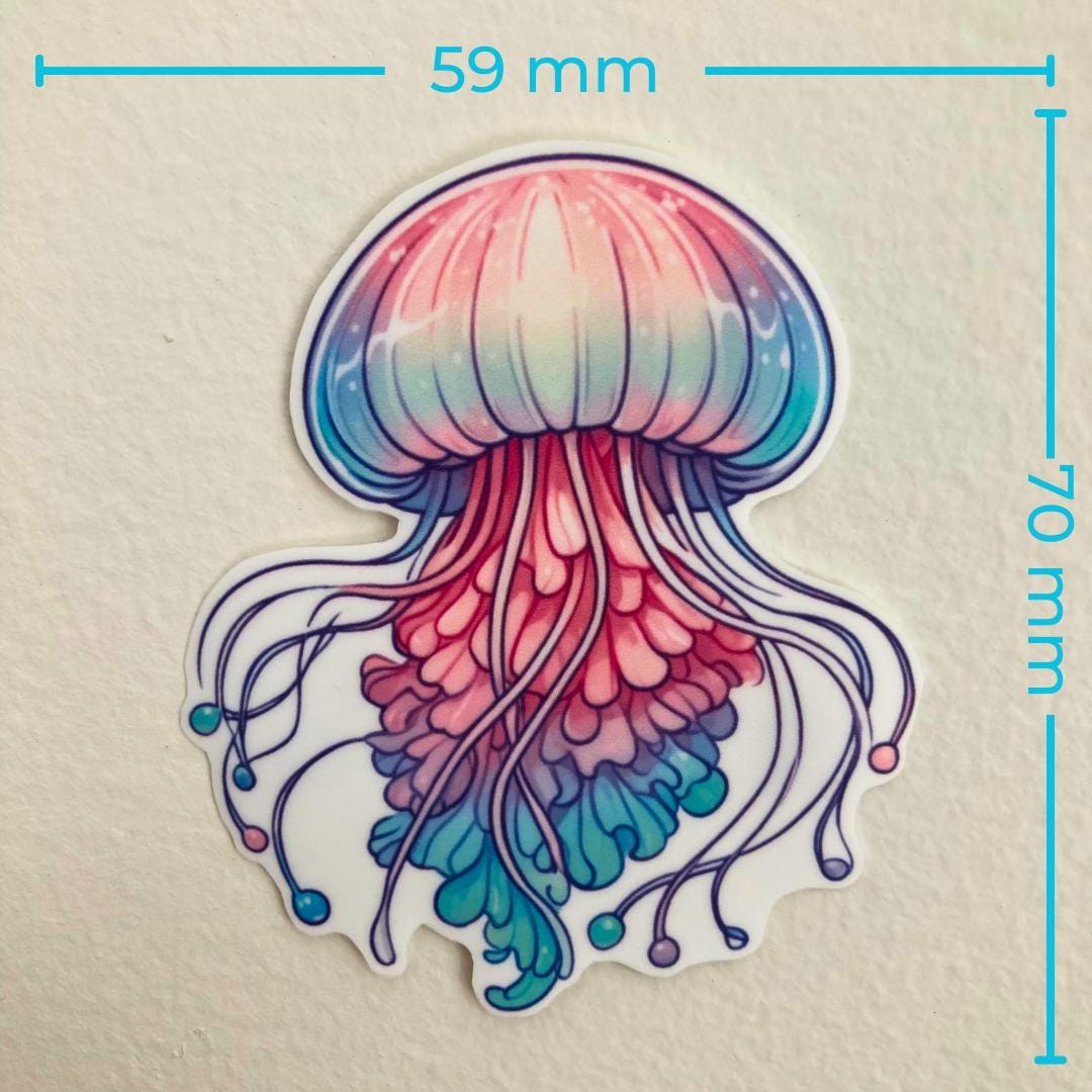 A colorful jellyfish sticker in shades of pink, blue, and purple is displayed against a white background. Blue text measurements show the width as 59 mm and the height as 70 mm, emphasizing the sticker's size.