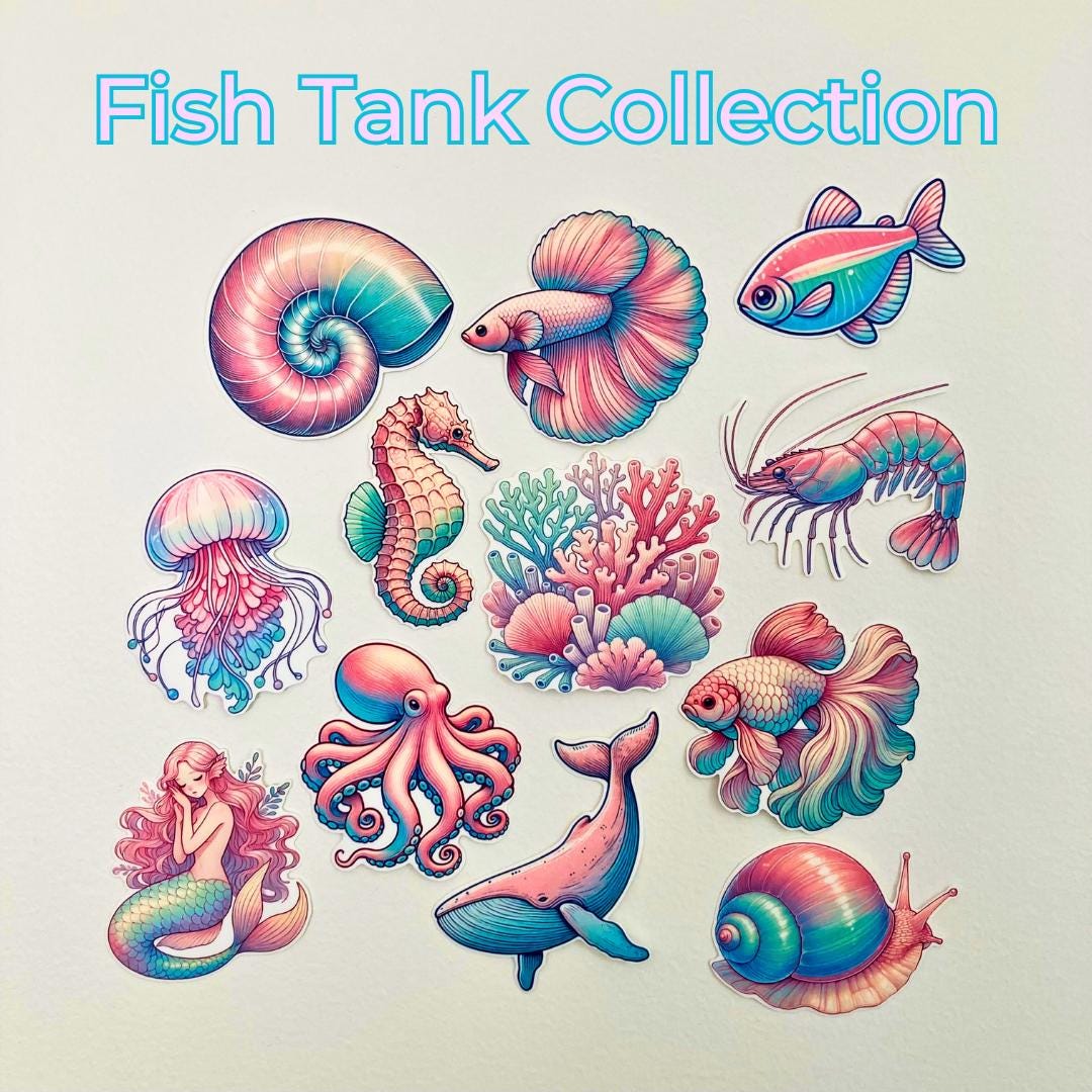 A set of colorful marine-themed stickers titled "Fish Tank Collection." Includes a nautilus, betta fish, tetra fish, jellyfish, seahorse, coral, shrimp, mermaid, octopus, whale, and snail in soft pastel shades of pink, blue, and green.