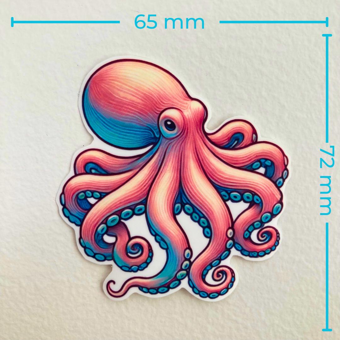 A colorful octopus sticker in pink and blue hues is displayed against a white background. Blue text measurements show the width as 65 mm and the height as 72 mm, emphasizing the sticker's size.
