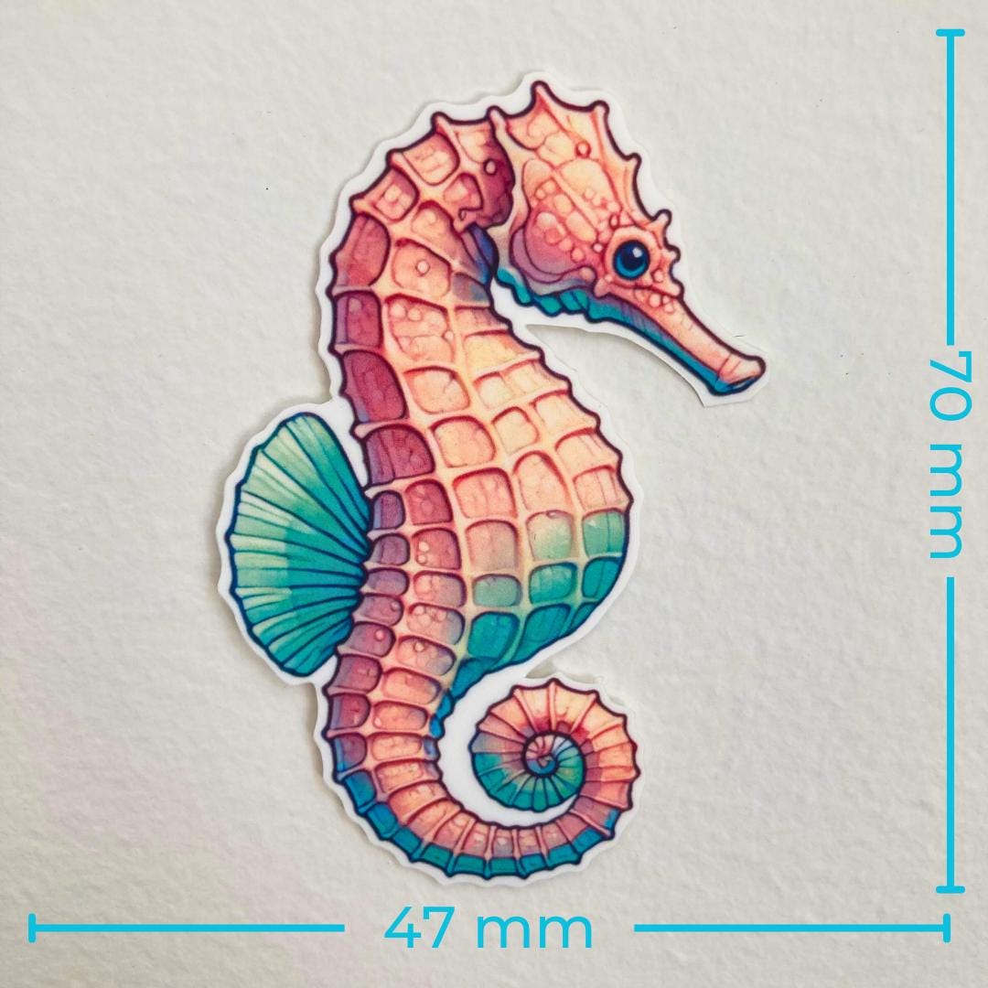 A colorful seahorse sticker in pink, blue, and green hues is displayed against a white background. Blue text measurements show the width as 47 mm and the height as 70 mm, emphasizing the sticker's size.