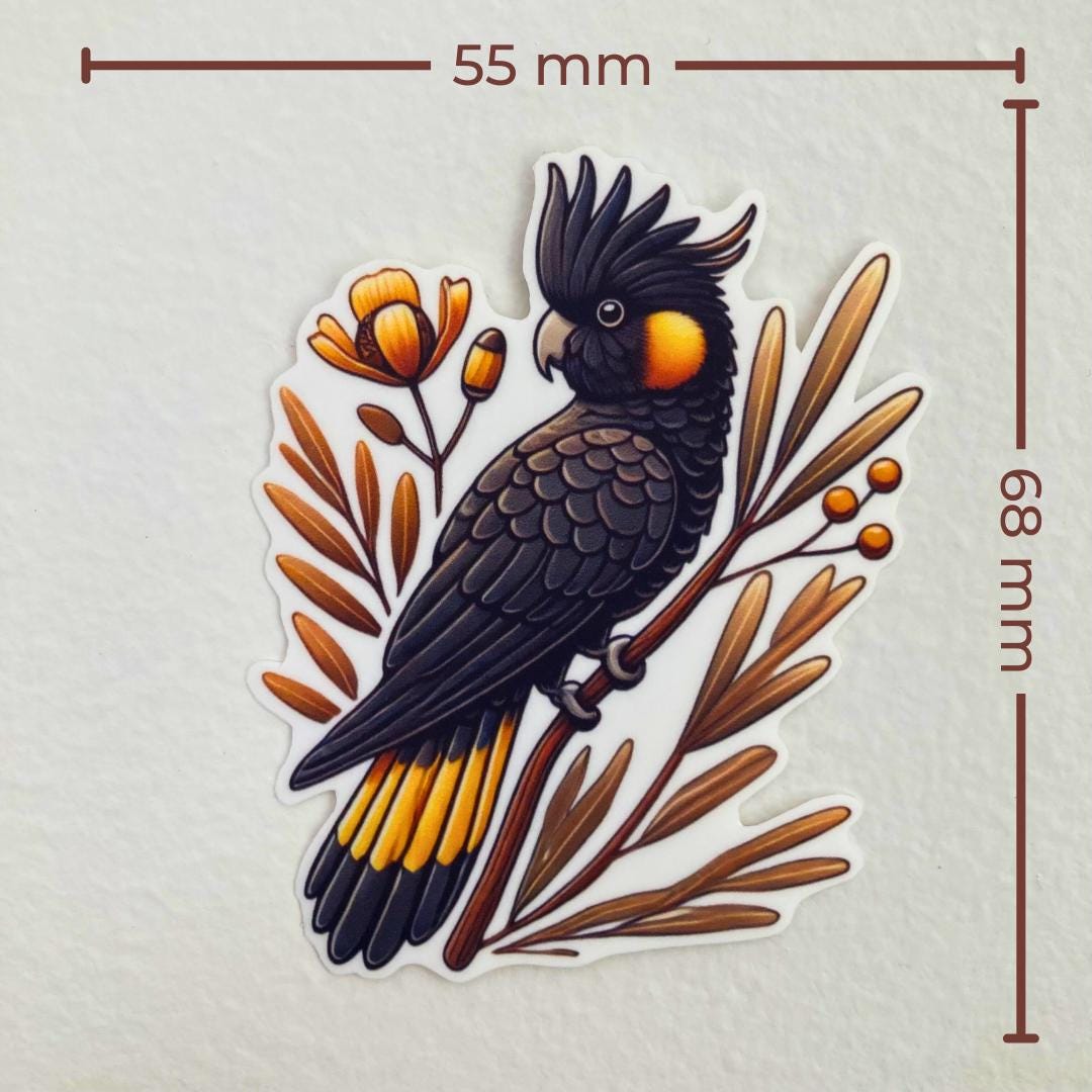 A sticker of a black cockatoo perched on a branch with orange flowers and leaves is shown against a white background. sticker’s dimensions: 55 mm wide and 68 mm tall. The cockatoo has orange cheek patches and yellow tail feathers