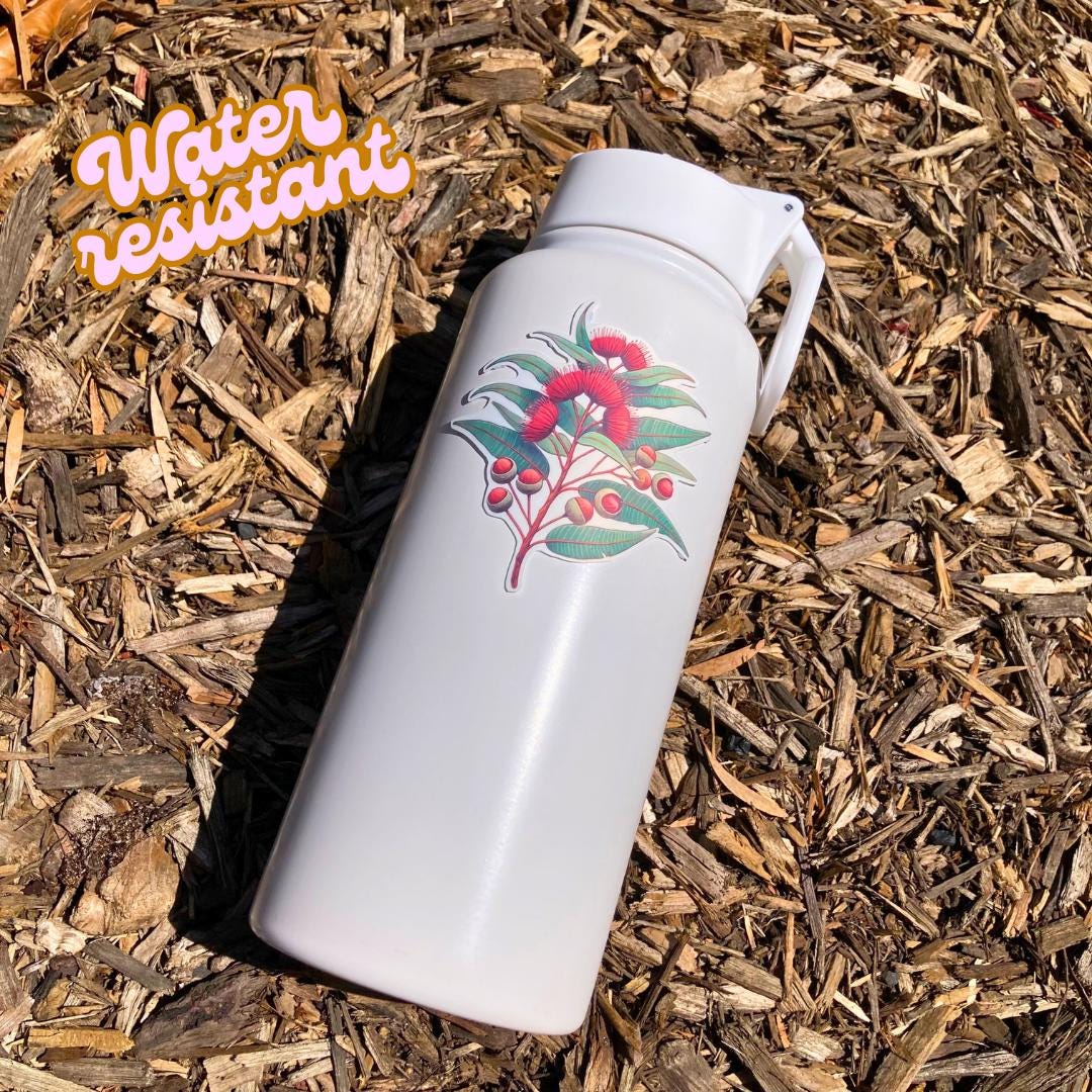 A white water bottle with a sticker of a eucalyptus branch featuring red blossoms and buds rests on wood chips in bright sunlight. An orange "Water resistant" label appears in the top left corner.
