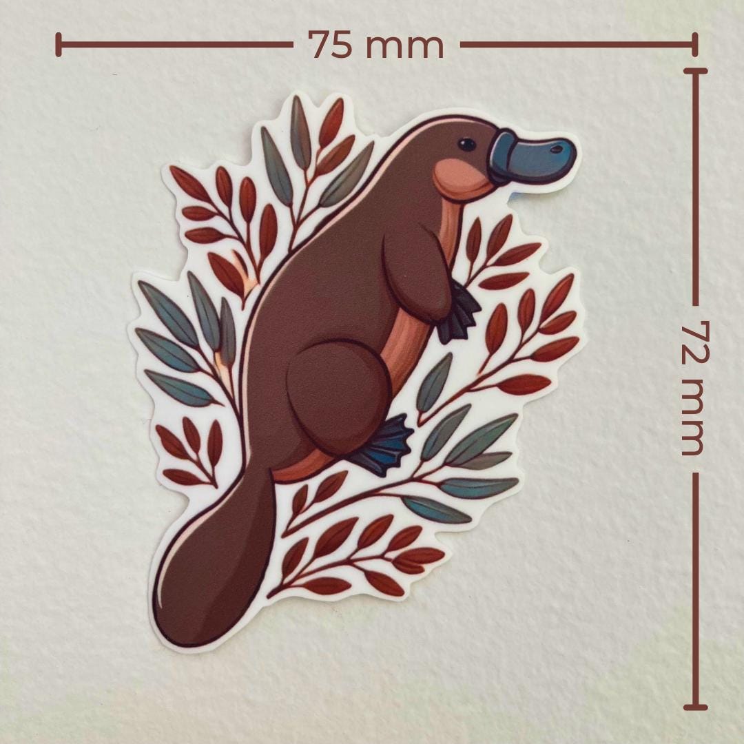 A sticker of a cartoon platypus surrounded by leaves is shown against a white background. Brown measurement lines indicate the sticker’s dimensions: 75 mm wide and 72 mm tall. The platypus has a dark brown body, webbed feet, and a blue bill.