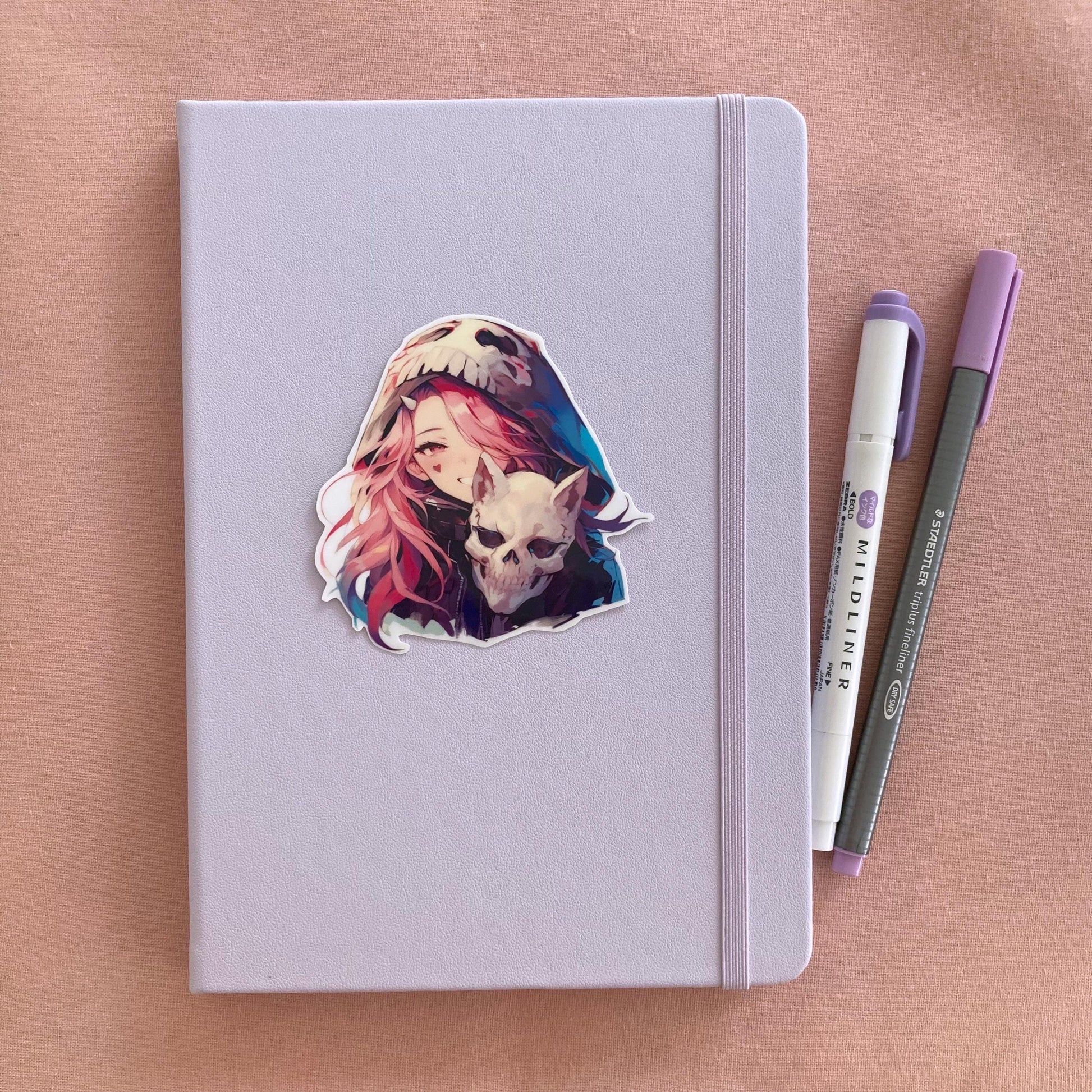 Skull Hood Anime Girl Sticker - Pink Hair Kawaii Gothic Art