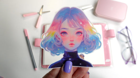 A hand with lavender nails holds a sticker of a person with pastel rainbow hair and a starry galaxy-themed shirt. The background includes pink and purple stationery items, a notebook, and a pair of clear glasses with purple accents.
