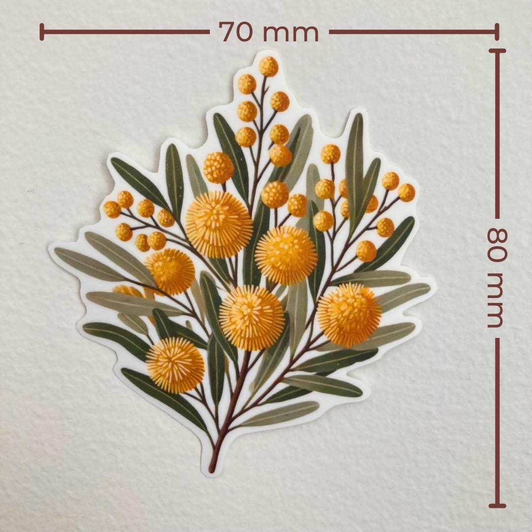 A sticker of bright yellow wattle flowers with green leaves, measuring 70 mm wide and 80 mm tall. The design features round, fluffy blossoms and clusters of smaller yellow balls on branches, surrounded by elongated green leaves.