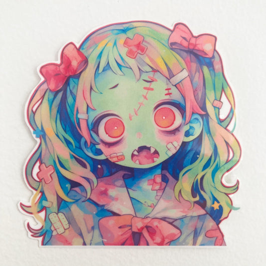 Sticker of an anime zombie kid with pastel hair, pink bows, greenish-blue skin, and wide pink eyes. She has stitches, bandages, and an open mouth with sharp teeth, wearing a sailor-style outfit with a large pink bow. Set against a plain background