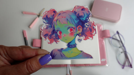 Sticker of an anime-style character with pastel pink and blue twin buns, green skin, and wide pink eyes. The character wears a black choker and skull earrings. The sticker is held by a hand with purple-painted nails.