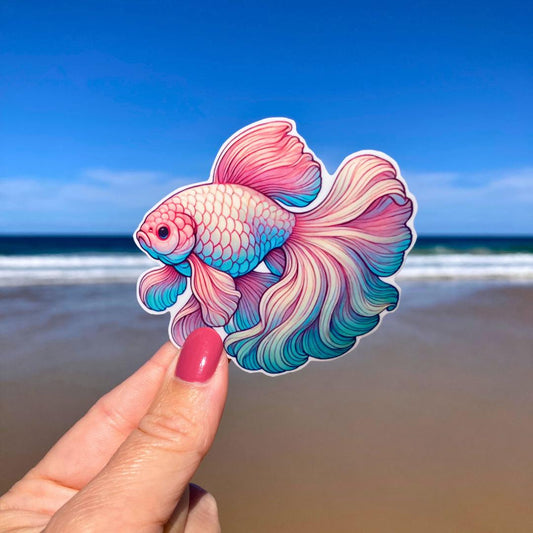 A hand with pink nails holds a colorful betta fish sticker with flowing pink, blue, and green fins. The background shows a sandy beach with the ocean and a clear blue sky, highlighting the intricate details of the fish against the coastal scene.