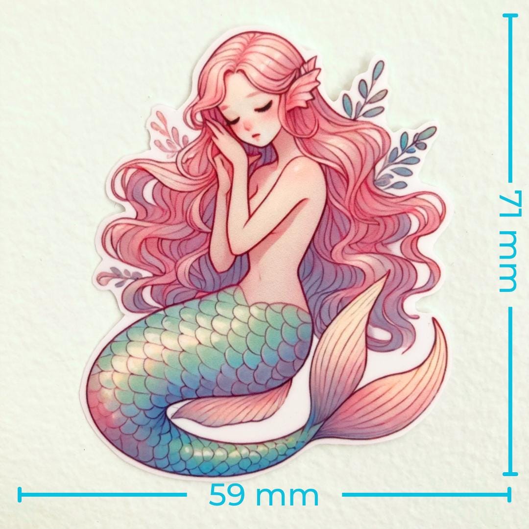A mermaid sticker with pink hair and a blue-green tail is displayed against a white background. Blue text measurements show the width as 59 mm and the height as 71 mm, emphasizing the sticker&#39;s size.