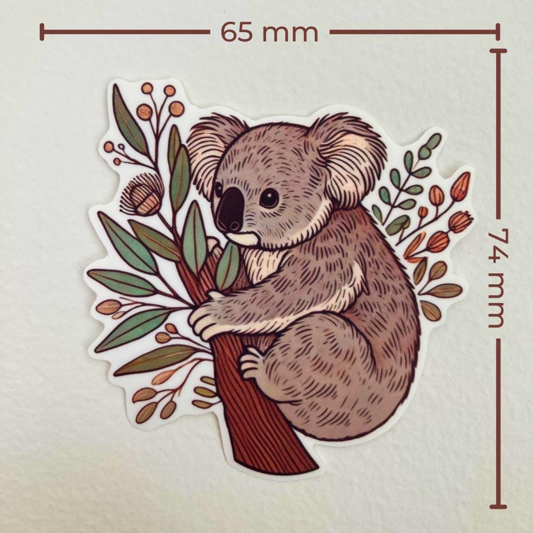 A sticker of a koala hugging a tree trunk with eucalyptus leaves and branches is shown against a white background. Brown measurement lines indicate the sticker’s dimensions: 65 mm wide and 74 mm tall. The koala has soft brown fur with detailed shadin