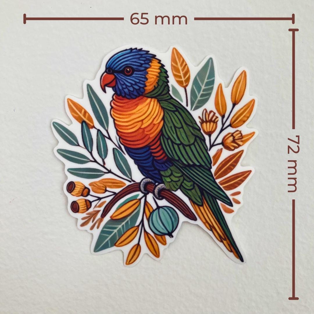 A sticker of a rainbow lorikeet perched on a branch with leaves and buds is shown against a white background. Brown measurement lines indicate: 65 mm wide and 72 mm tall. The lorikeet features vibrant blue, green, orange, and yellow feathers