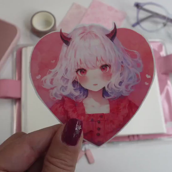 Romantic Goth Devil Girl Sticker - Heart-Shaped Pastel Aesthetic
