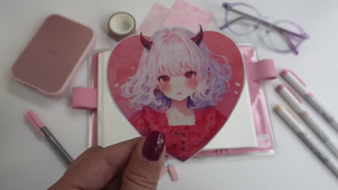 Romantic Goth Devil Girl Sticker - Heart-Shaped Pastel Aesthetic