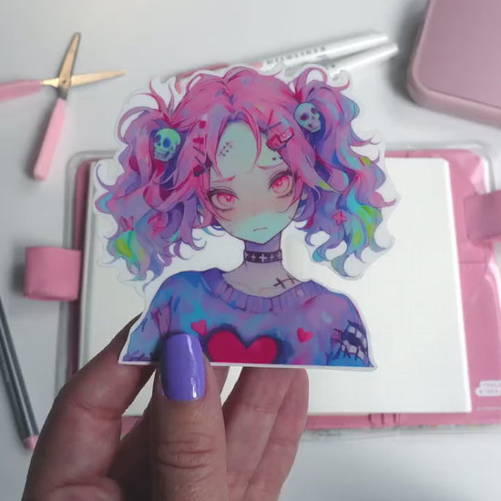 Pastel Zombie Girl Sticker - Cute Creepy Halloween Vinyl Decal - Spooky Season Undead Aesthetic - Kawaii Horror Sticker for Laptop & Journal