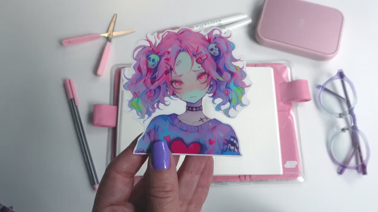 Pastel Zombie Girl Sticker - Cute Creepy Halloween Vinyl Decal - Spooky Season Undead Aesthetic - Kawaii Horror Sticker for Laptop & Journal