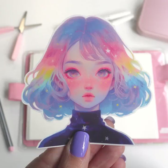 Cosmic Space Girl Sticker with Rainbow Galaxy Hair – Dreamy Starry Traveler