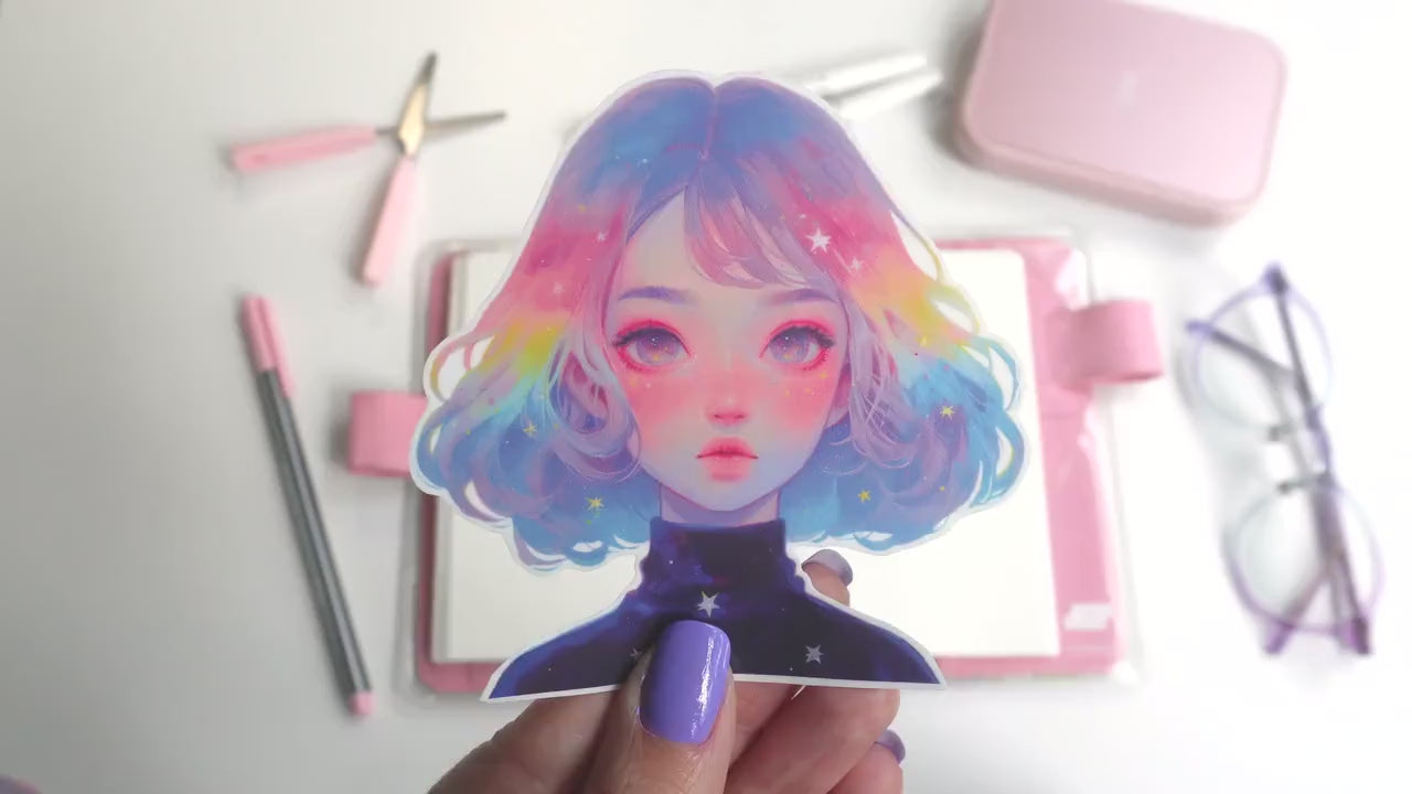 Cosmic Space Girl Sticker with Rainbow Galaxy Hair – Dreamy Starry Traveler