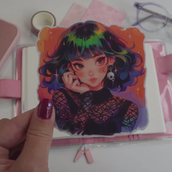 Rainbow Hair & Skull Earring Kawaii Anime Sticker - Gothic Punk Aesthetic
