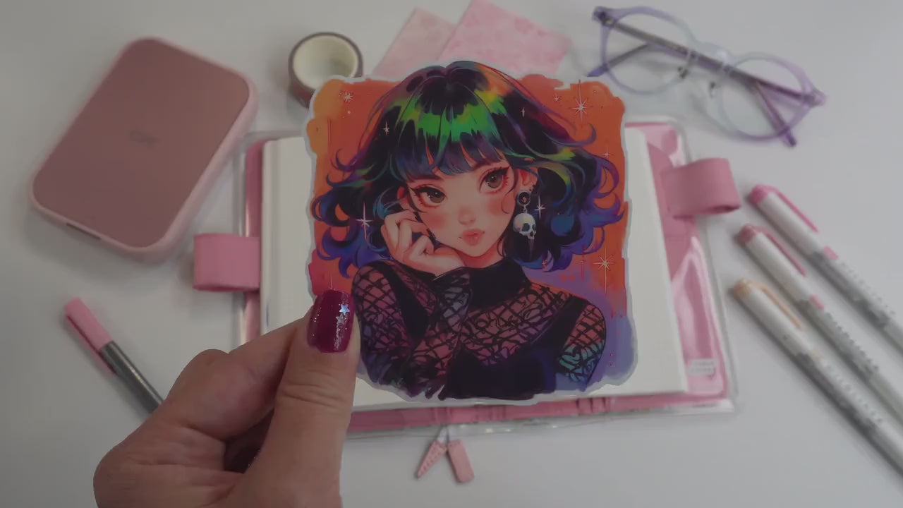 Rainbow Hair & Skull Earring Kawaii Anime Sticker - Gothic Punk Aesthetic
