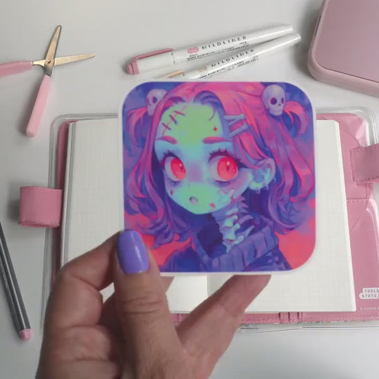 Zombie Girl Vinyl Sticker – Cute Creepy Pastel Goth Design | Spooky Decor for Journals, Laptops & More