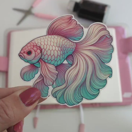 Elegant Goldfish Sticker – Pastel Pink & Mint Flowing Fins, Cute Aquarium-Themed Laptop Décor