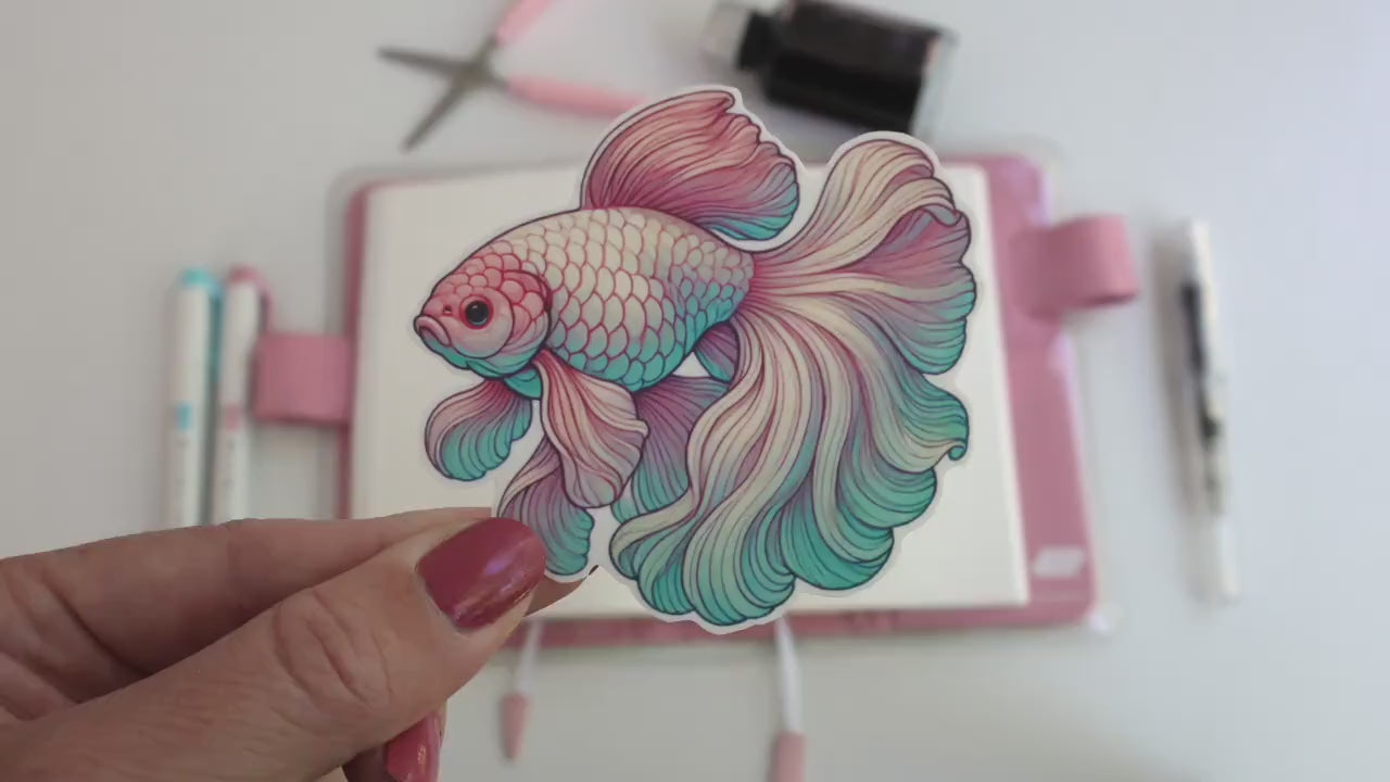 Elegant Goldfish Sticker – Pastel Pink & Mint Flowing Fins, Cute Aquarium-Themed Laptop Décor