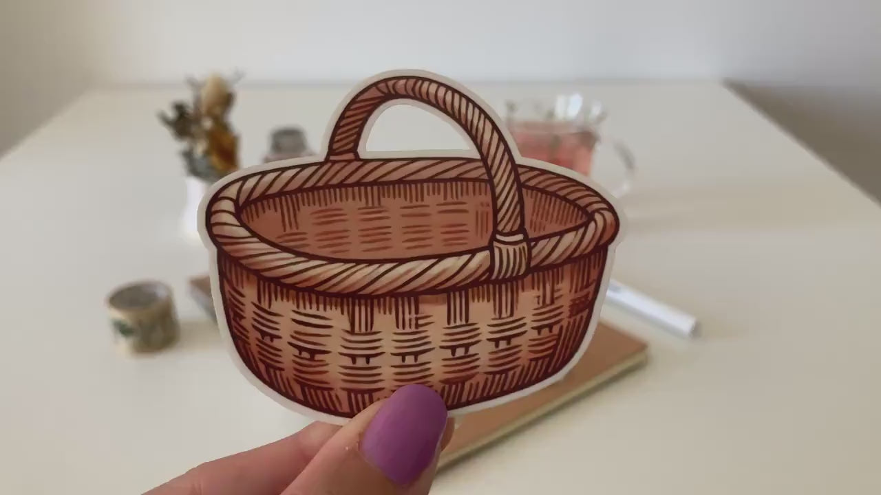 Rustic Garden Basket Sticker – Cottagecore Vinyl Decal for Journals, Bottles, and Laptops
