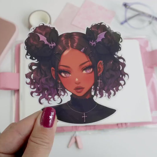 Purple Curls & Bat Bows Kawaii Anime Girl Sticker - Gothic Cross Aesthetic