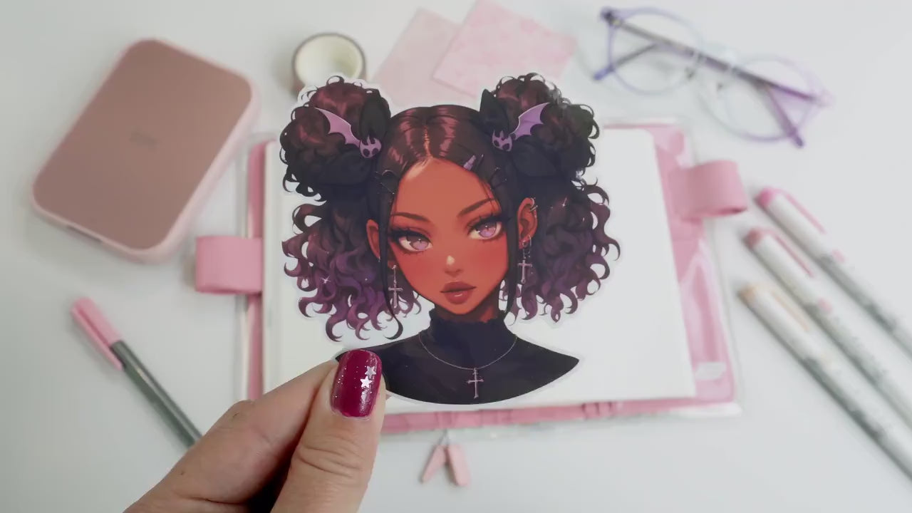 Purple Curls & Bat Bows Kawaii Anime Girl Sticker - Gothic Cross Aesthetic
