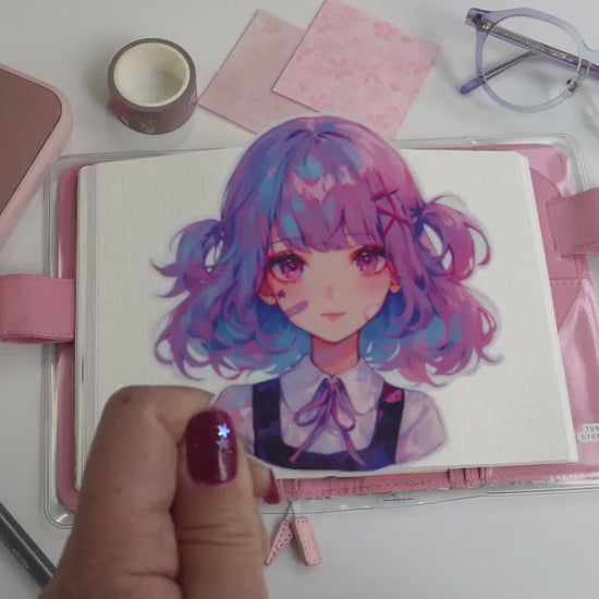 Purple & Pink Hair Kawaii Anime Sticker - Decora Pastel Star Aesthetic with Bows