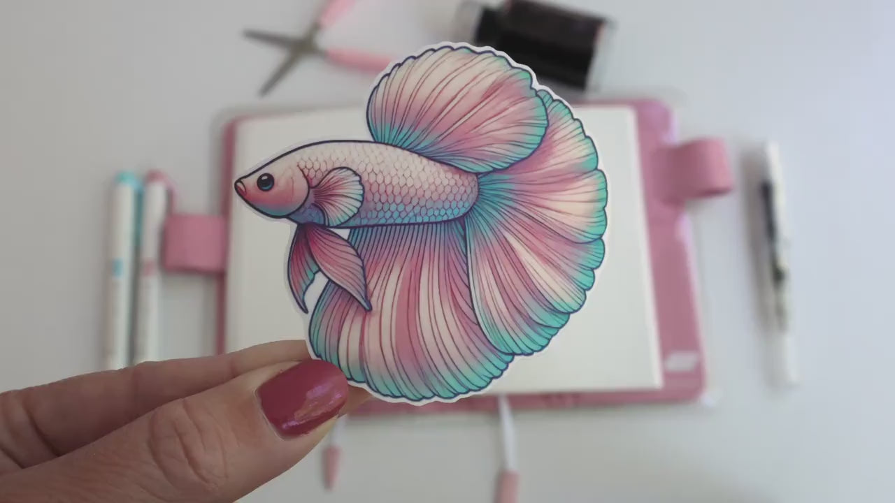 Pastel Pink Betta Fish Sticker – Flowing Fins Aquarium Décor, Cute Water-Themed Laptop Sticker Matte Finish