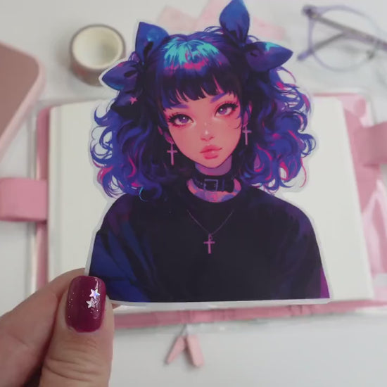 Neon Gothic Anime Girl Sticker - Vibrant Cross Necklace Art Decal
