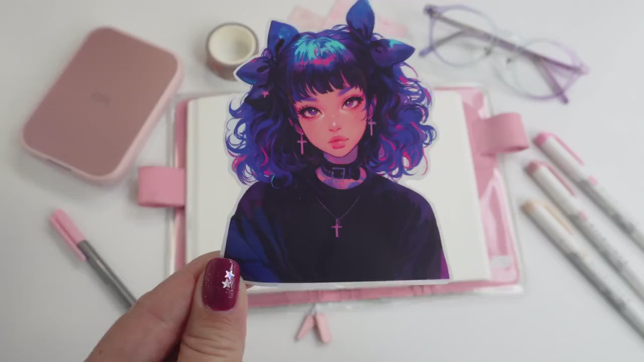 Neon Gothic Anime Girl Sticker - Vibrant Cross Necklace Art Decal