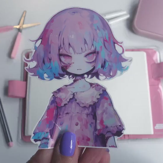 Creepy Cute Zombie Doll Sticker - Pastel Goth Undead Vinyl Decal - Halloween Spooky Season Kawaii Horror Aesthetic