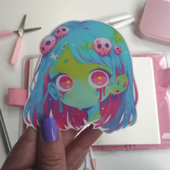 Kawaii Ghoul Zombie Girl Sticker - Cute Spooky Undead Vinyl Decal - Pastel Goth Halloween Aesthetic for Creepy-Cute Lovers