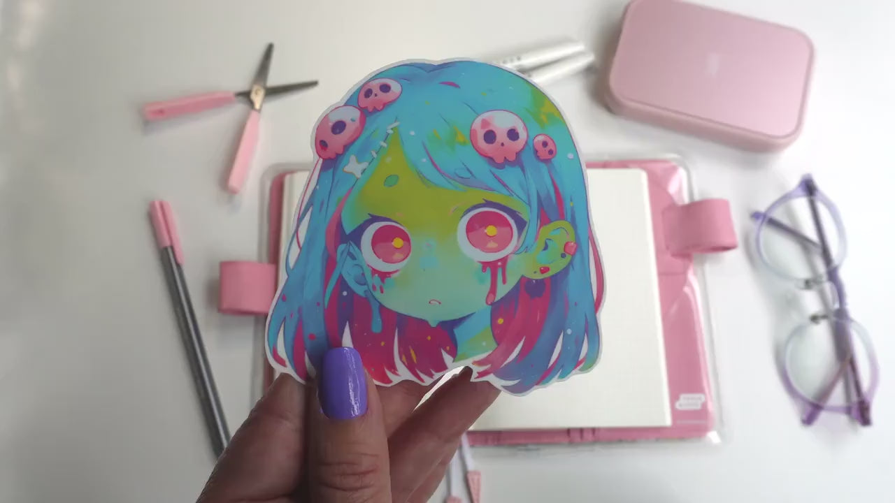 Kawaii Ghoul Zombie Girl Sticker - Cute Spooky Undead Vinyl Decal - Pastel Goth Halloween Aesthetic for Creepy-Cute Lovers