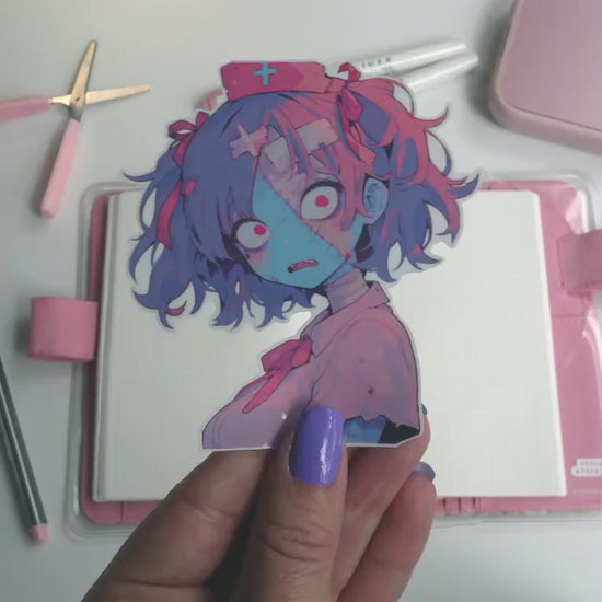 Glossy Vinyl Zombie Nurse Sticker - Spooky Pastel Goth Nurse Decal - Kawaii Creepy Halloween Aesthetic