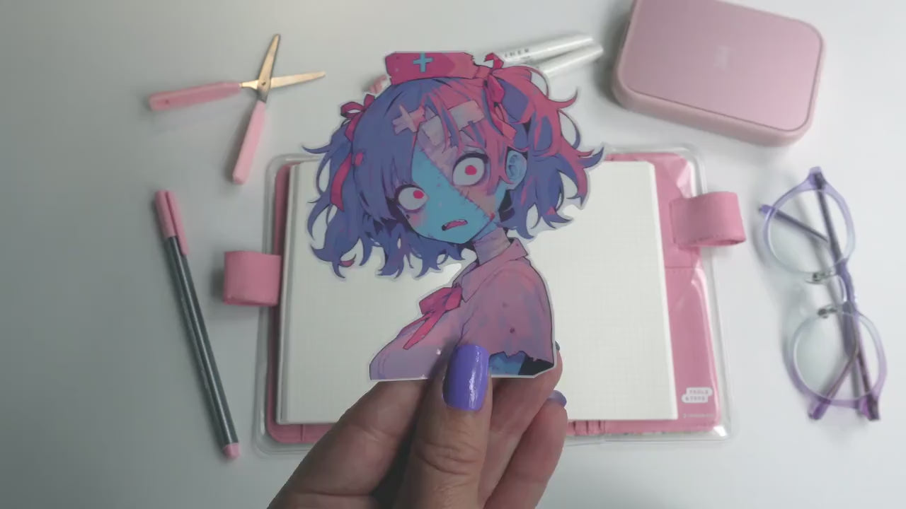 Glossy Vinyl Zombie Nurse Sticker - Spooky Pastel Goth Nurse Decal - Kawaii Creepy Halloween Aesthetic